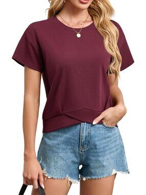 Women's Burgundy Short Sleeve Casual Boxy Workout Loose Fit Basic Crop Tops